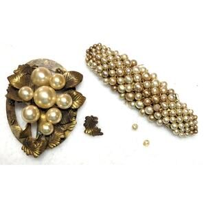 2 Vintage Pearl Brooches Thread & Wire Strung Gold Tone Pins for Repair Craft